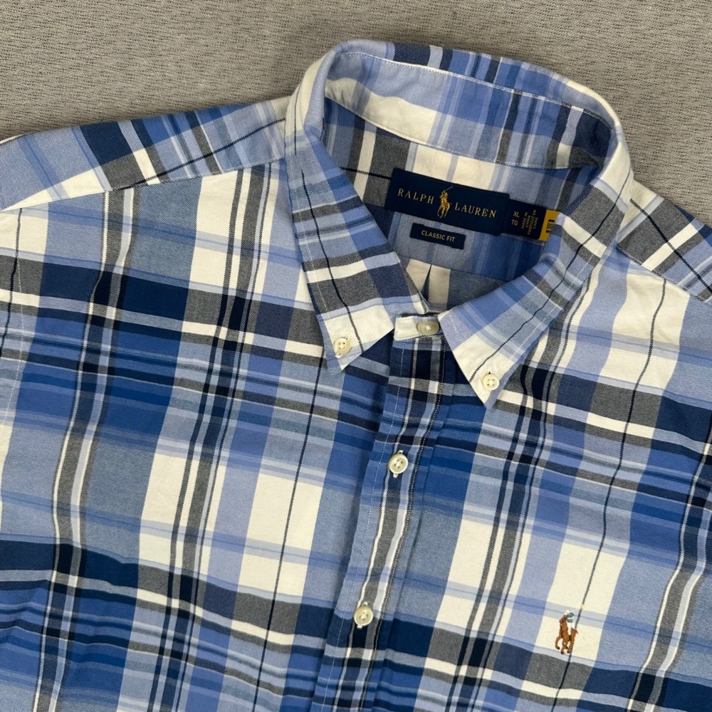 Ralph Lauren Shirt Mens XL Classic Fit Blue White Plaid Button Down Flesh Pony